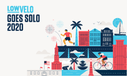 Lowvelo goes solo 2020 illustration with Charleston landmarks including Rainbow Row, Ravenel Bridge and Fort Sumter